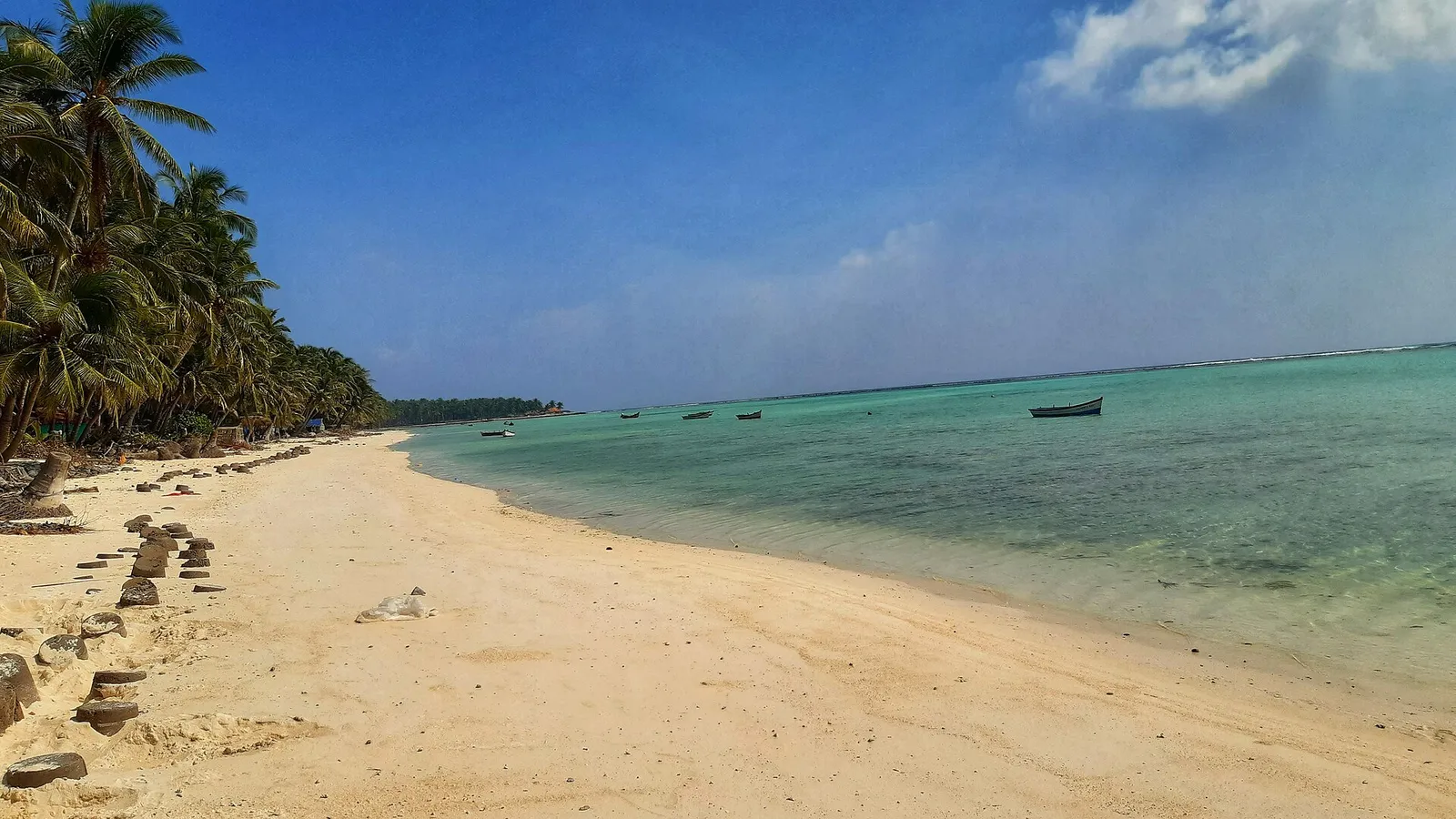 Sandy beach curving past coconut palms, with small boats on a green lagoon